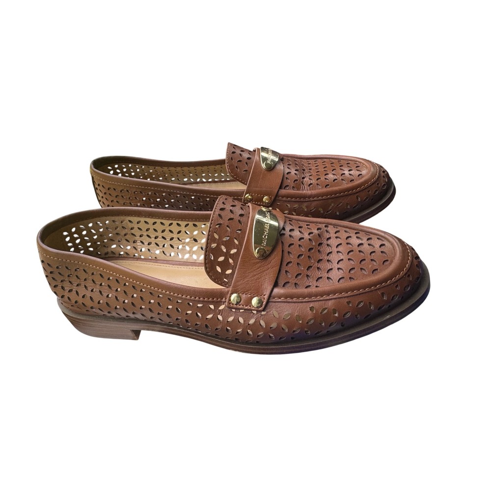 Michael Kors Brown Finley Loafer Mocassins Gold Tone Hardware 7.5 M Laser Cut